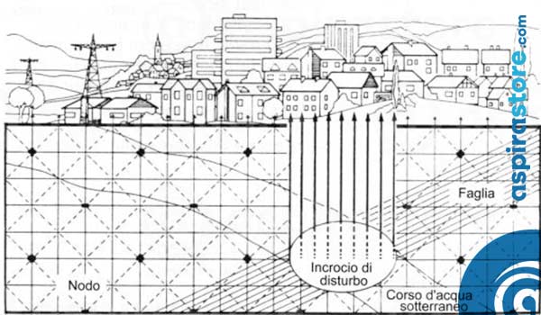 Spaccato di terreno con identificazione delle geopatie nodi di Hartmann, Curry, vene d'acqua e faglie