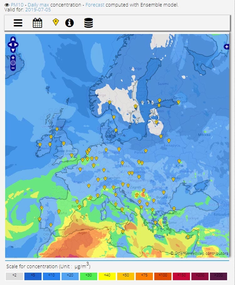 Concentrazione giornaliera massima di PM10 in Europa. Luglio 2019