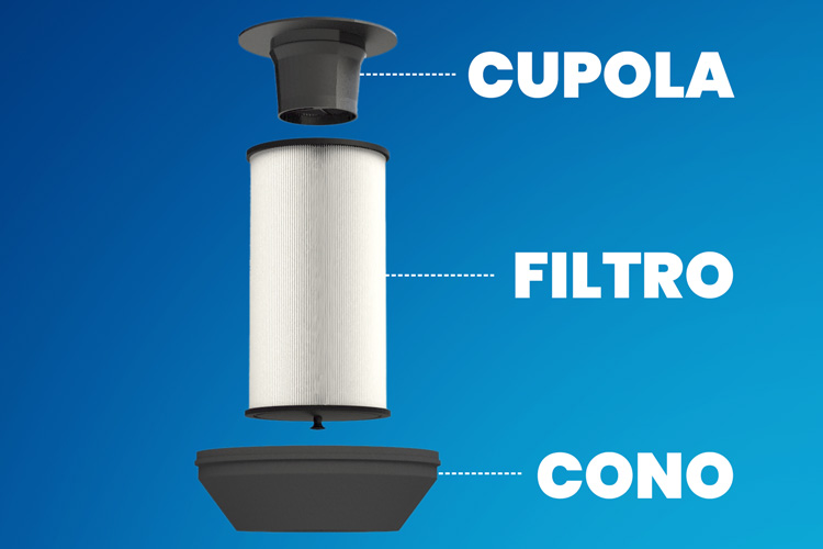 Filtro poliestere aspirapolvere centralizzato Globo 90 completo di cupola e cono di ciclonamento