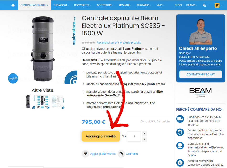 Aggiungi i prodotti al carrello di Aspirastore