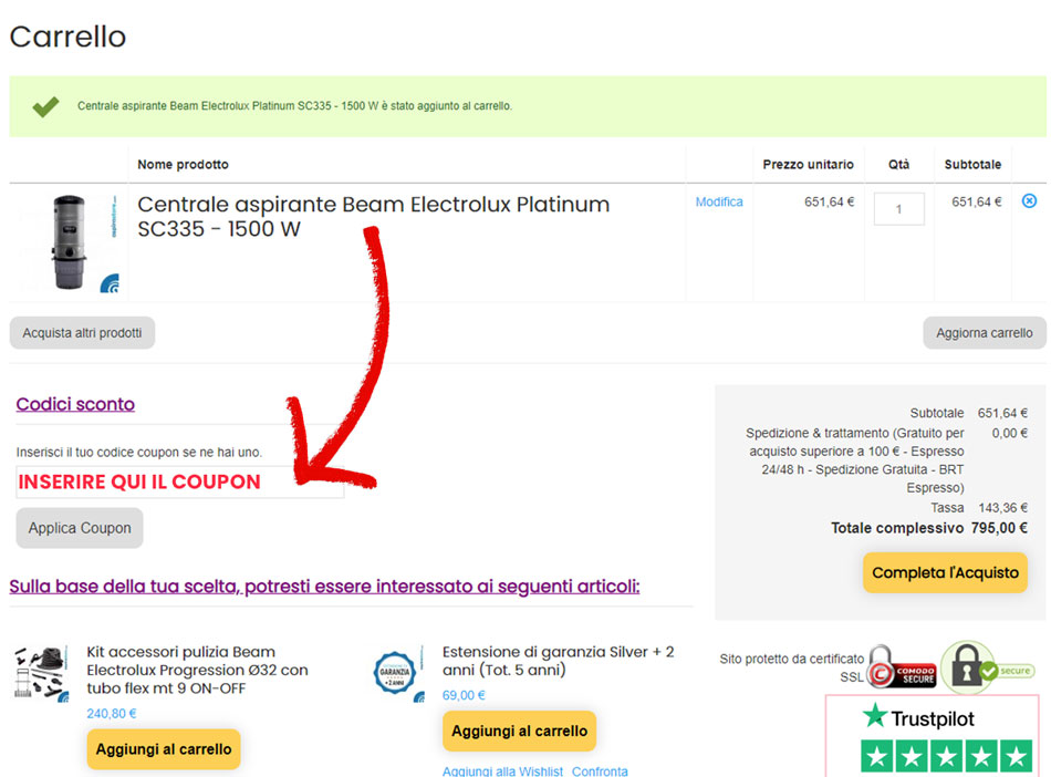 Inserisci il codice sconto coupon nel carrello di Aspirastore