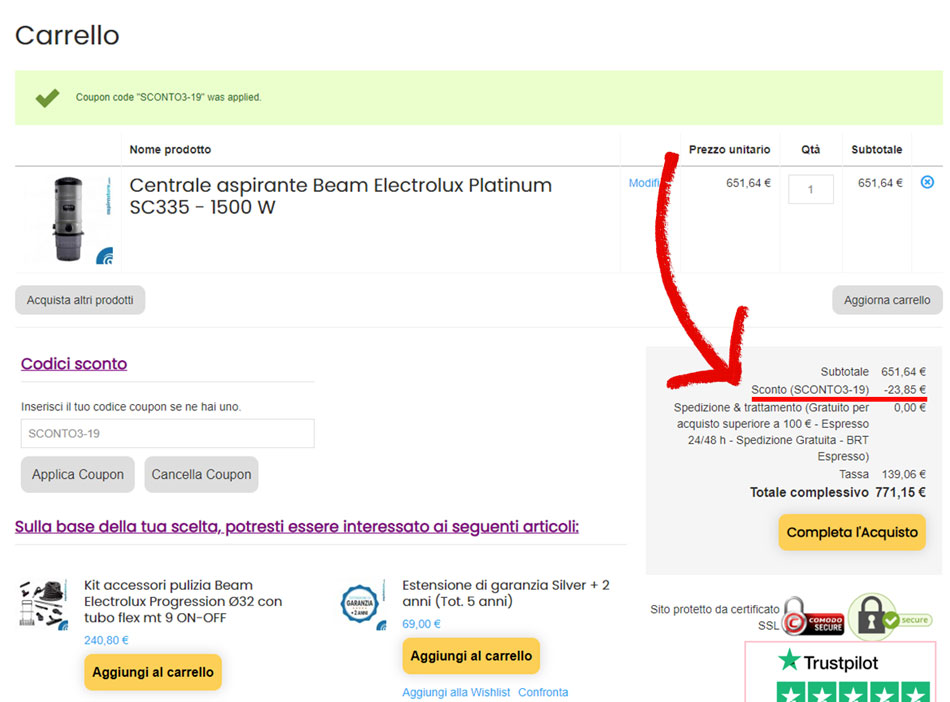 Verifica l'applicazione dello sconto sul carrello di Aspirastore